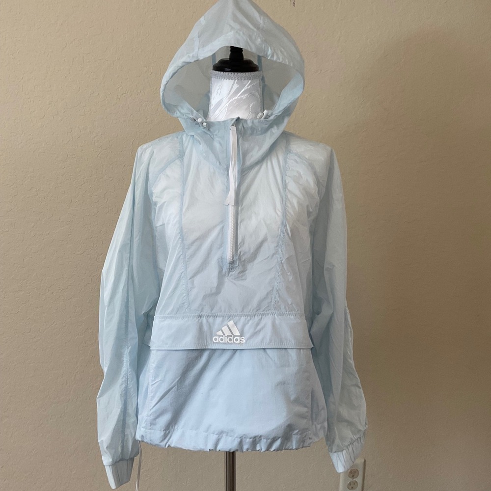 Adidas WIND.RDY Windbreaker Womens M Sky Tint Blue Cropped Half Zip Hooded